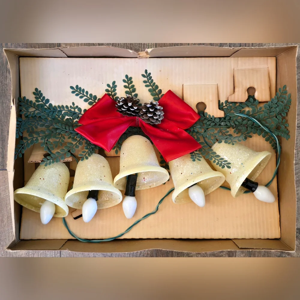 Vintage Ringalite Lighted Christmas Adorn Bells Swag Mica Glitter Original Box